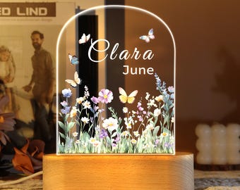 Custom Floral Butterfly Name Light: Personalized Acrylic Night Light