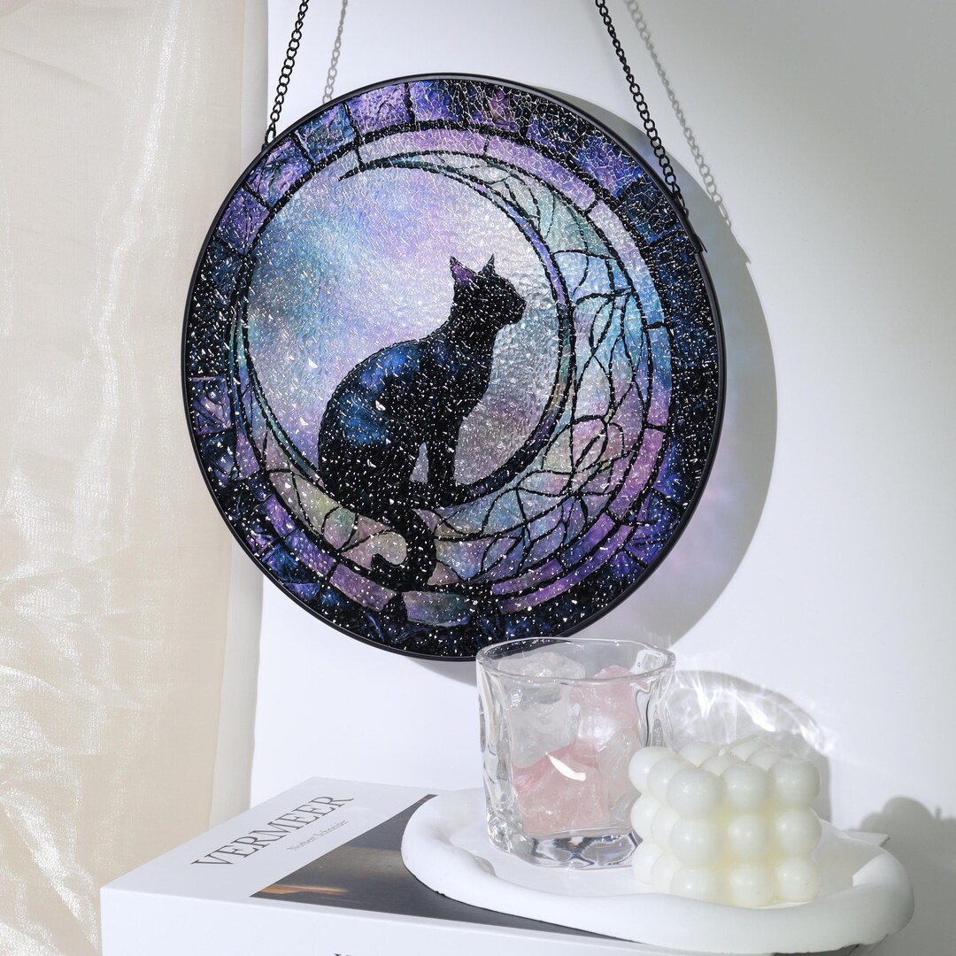 Black Cat and Moon Stained Glass Suncatcher,mystical Suncatcher Home ...