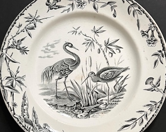 Piatto in ceramica transferware in bianco e nero Indus di Ridgway (Ridgways) Uccelli e fogliame