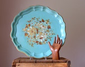 Vintage Tole Tray Nashco Products Turquoise Blue Brown Handpainted Roses Floral Design Mid Century Modern Entertaining
