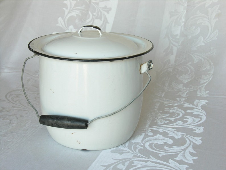 White Enamelware Chamber Pot Bucket Lid Wooden Handle Enamel Etsy