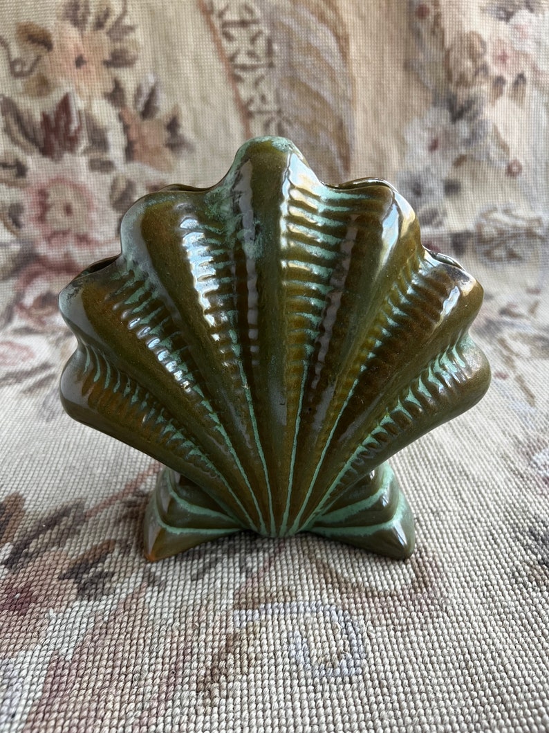 Vintage Frankoma Plainsman Prairie Green Clam Shell Vase image 4