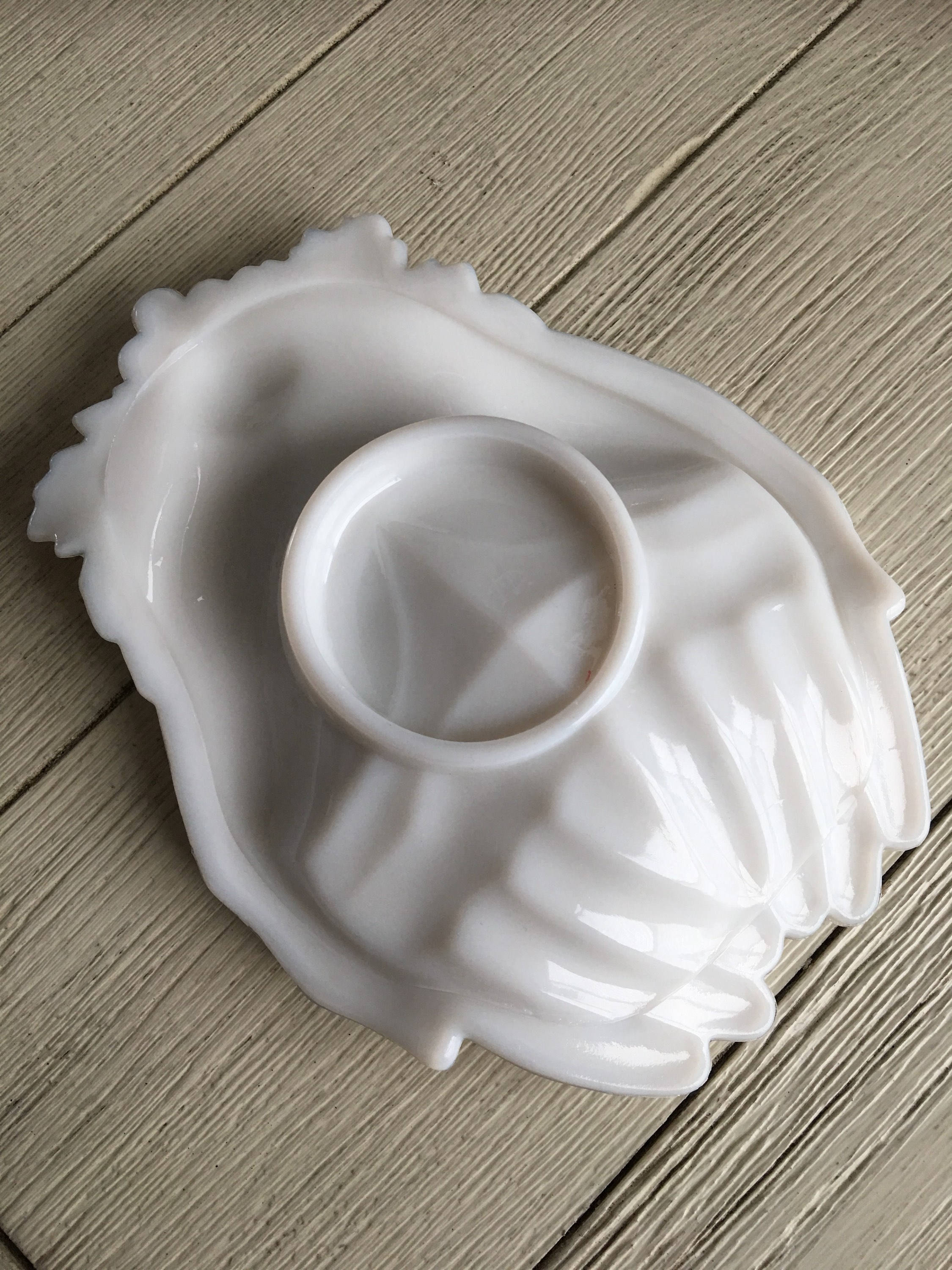 Hand Dish Vintage White Milk Glass Soap Jewelry Candy Avon Double Open