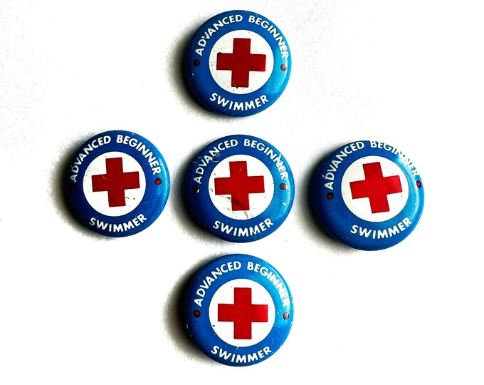 Red Cross Pin Swimming Lessons 5 Vintage Pinback Buttons Red White Blue Instant Collection Summer Fun