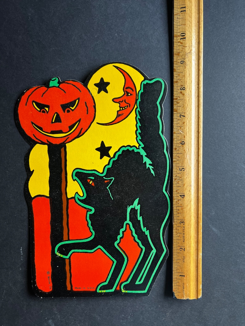Vintage Halloween Black Cat Jack O’lantern Moon & Stars Decoration Die ...