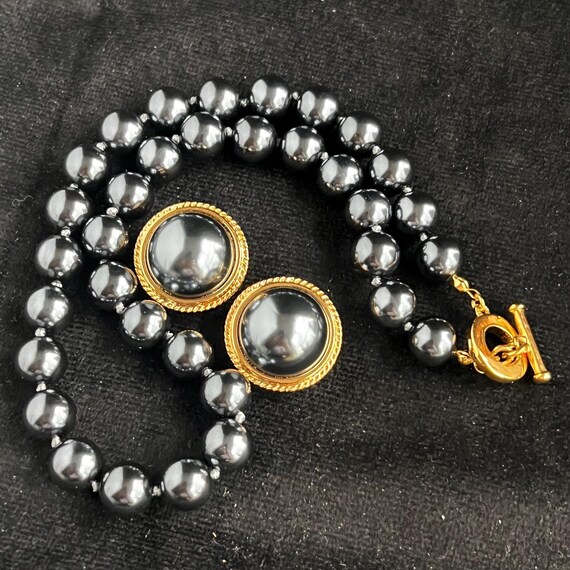 Vintage Carolee Necklace & Clip Earrings Set Black Glass Pearls