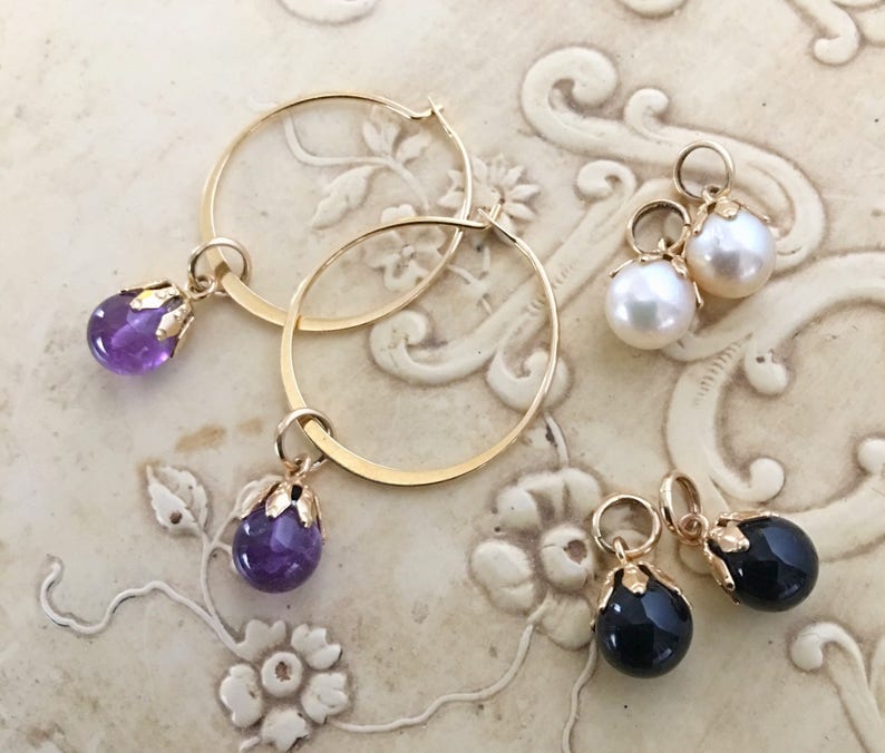 14K Hoop Earrings Interchangeable Charms Amethyst, Pearl, Black Onyx image 1