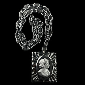 Black Bakelite Cameo Necklace Vintage Celluloid Link Chain Huge Pendant