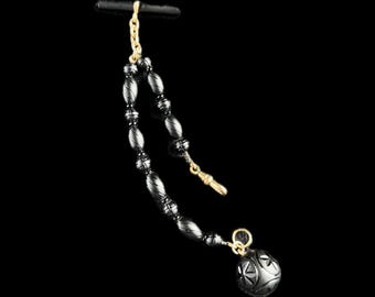 Antique Watch Chain 10k Gold Dog Clip Fob Carved French Jet Mourning Jewelry Neck Stack