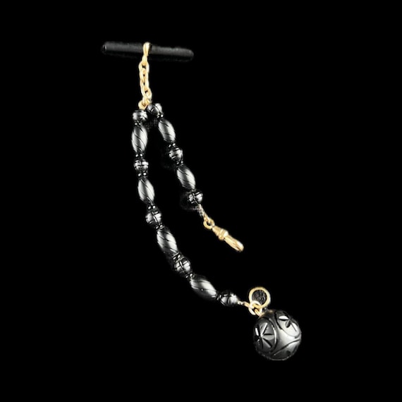 Antique 10k Gold Watch Chain: French Jet Victorian Mourning Jewelry