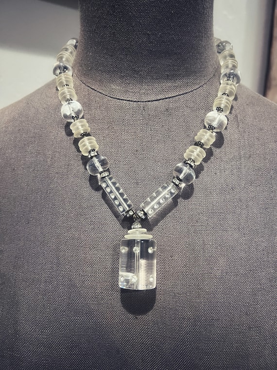 Signed Miriam Haskell Lucite Bead & Rhinestone Ro… - image 2