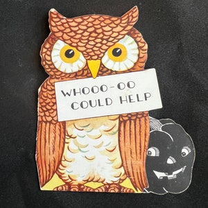 Vintage Halloween Card Owl & Black Jack O Lantern
