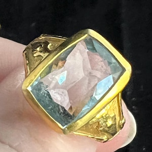 Antique Aquamarine Ring Vintage 14K Yellow Gold Bezel Set Solitaire
