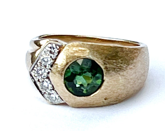 Green Tourmaline Diamond Buckle Ring 14k Gold Vintage Statement
