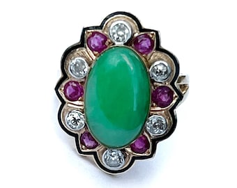 14k Chrysoprase Diamond Ruby Enamel Ring Vintage Baden & Foss NY