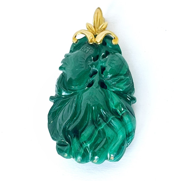 Carved Malachite Pendant 14K Gold Green Vintage P… - image 1