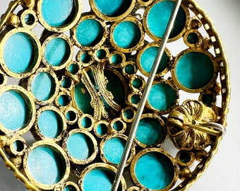 Broche Vintage Fleur Avec Cabochon Turquoise Sur Cuivre Doré - Modèle K27, Occasion