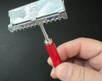 Maquinilla de afeitar de seguridad Keen Kutter vintage, de un solo filo y mango de baquelita rojo cereza.