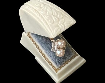 Vintage Celluloid Ring Box: Creamy White Floral Design, Blue Velvet Interior