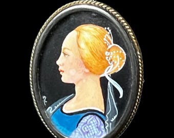 Antique Hand-Painted Lady Portrait Brooch, 800 Silver Pendant (1920s)
