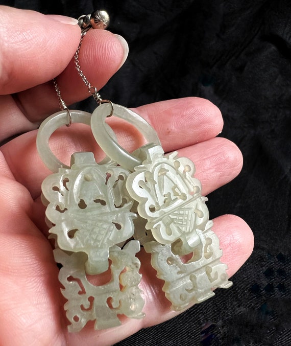 14K Celadon Jade Earrings Antique Chinese Qing Dy… - image 2