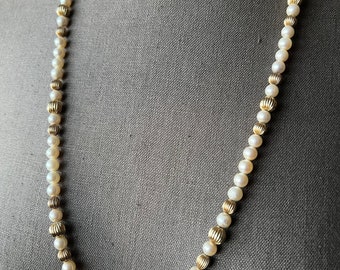 14K Gold Pearl Opera Necklace Vintage Fine Jewelry Fancy Gold Beads Ivory White Pearls Long 30”