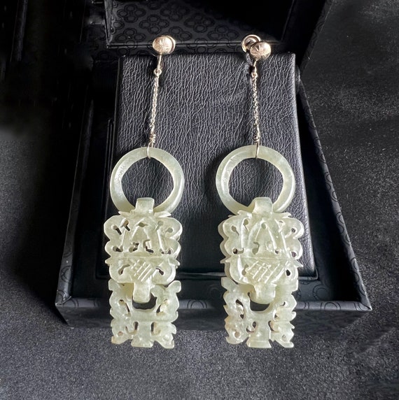 14K Celadon Jade Earrings Antique Chinese Qing Dy… - image 1