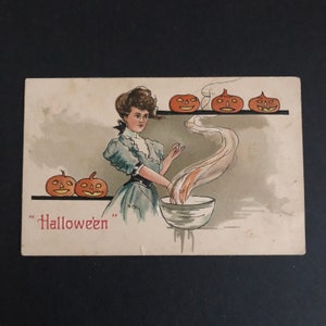 Vintage carte postale d'Halloween Belle sorcière sorcellerie Halloween HBG Jack O Lanterns