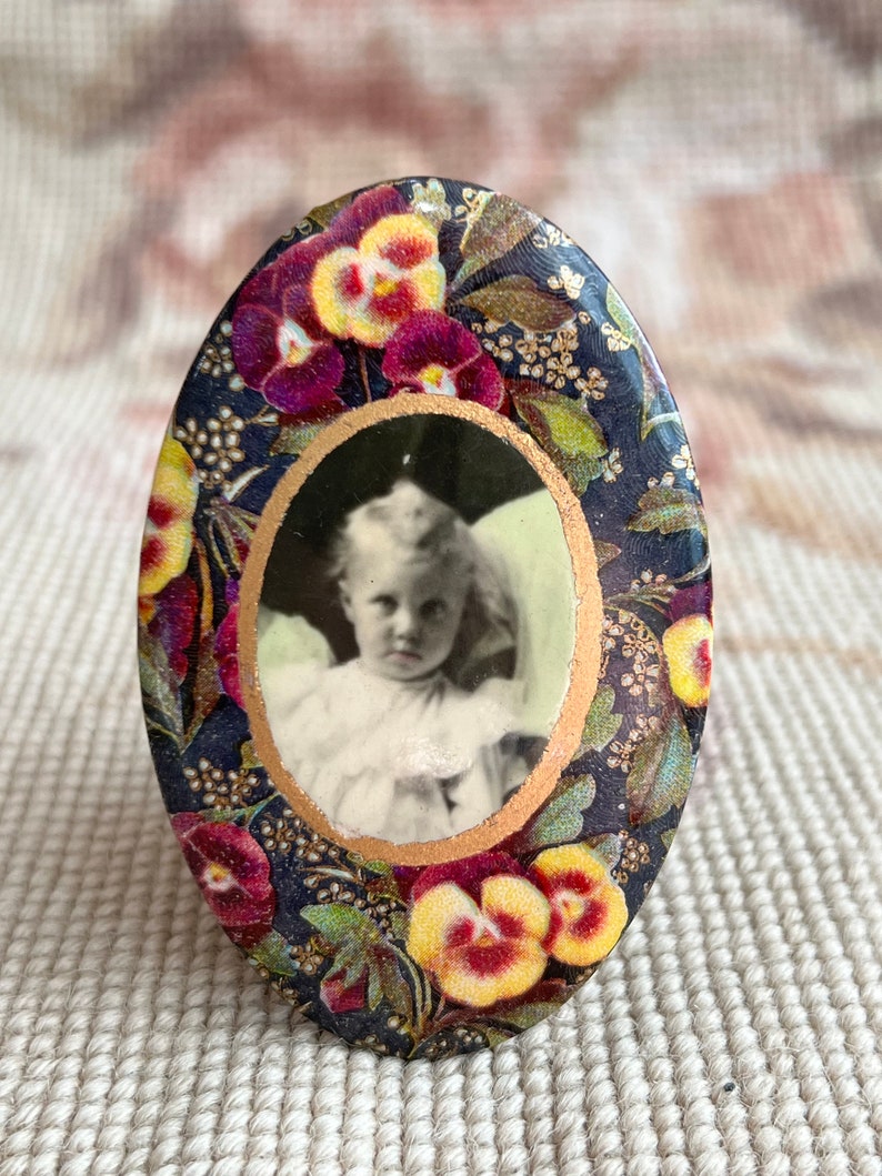 Celluloid Mirror Baby Wreathed in Pansies Vintage Mourning Photo image 1