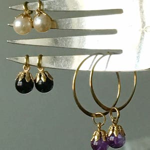 14K Hoop Earrings Interchangeable Charms Amethyst, Pearl, Black Onyx image 3