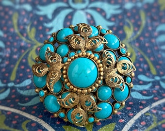 Turquoise Brooch Pendant Vintage Original by Robert Faux Costume Jewelry Cannetille Work