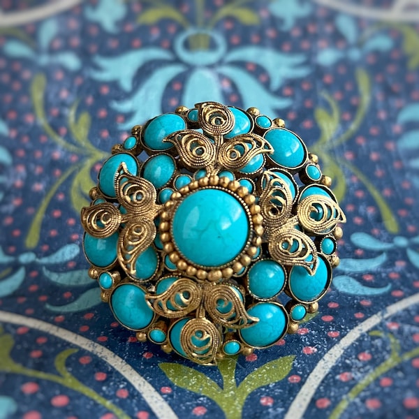Turquoise Brooch Pendant Vintage Original by Robert Faux Costume Jewelry Cannetille Work