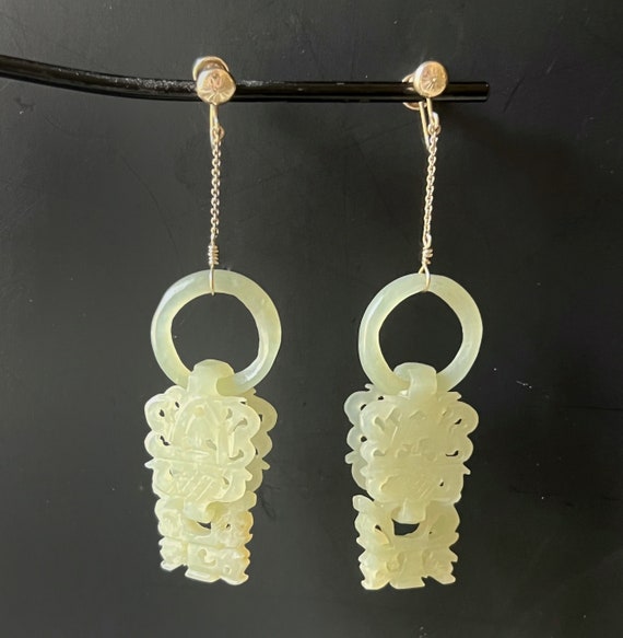 14K Celadon Jade Earrings Antique Chinese Qing Dy… - image 3