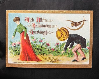 Vintage Halloween Postcard 1909 Lady & Pumpkin Head Man in Thistle Garden Owl Moon