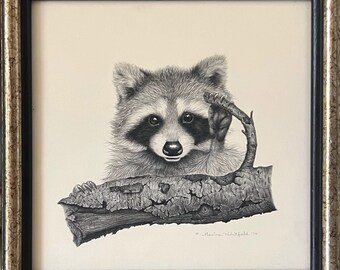 Baby Raccoon on Log Original Art Pencil Drawing by Maxine Myers Whitfield 1974