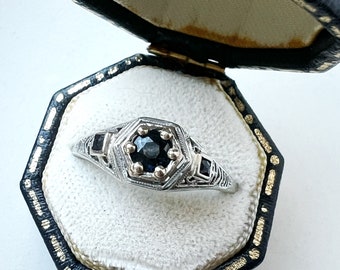 Antique 18k Gold Sapphire Ring Filigree Edwardian Fine Jewelry in Box