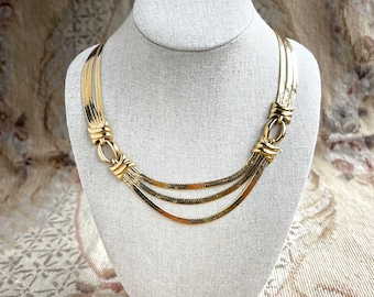Monet Statement Necklace Vintage Gold Herringbone Multi Strand