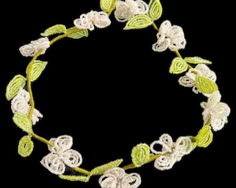 French Beaded Flower Garland Vintage Pink & Green Glass Beads