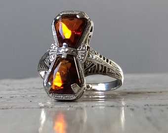 Madeira Citrine Bow Ring 18K White Gold Vintage Art Deco Statement