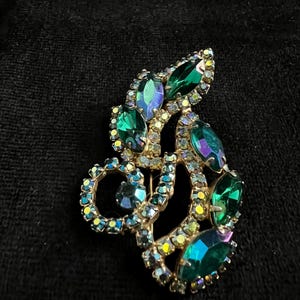 Vintage Rhinestone Brooch Blue Green Aurora Borealis Costume Jewelry