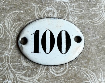 Enamel 100 Vintage Porcelain Tag Sign French Black & White