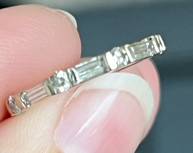 14k Diamond White Gold Baguette Wedding Band .75ct Vintage Petite Stacking Layering Ring