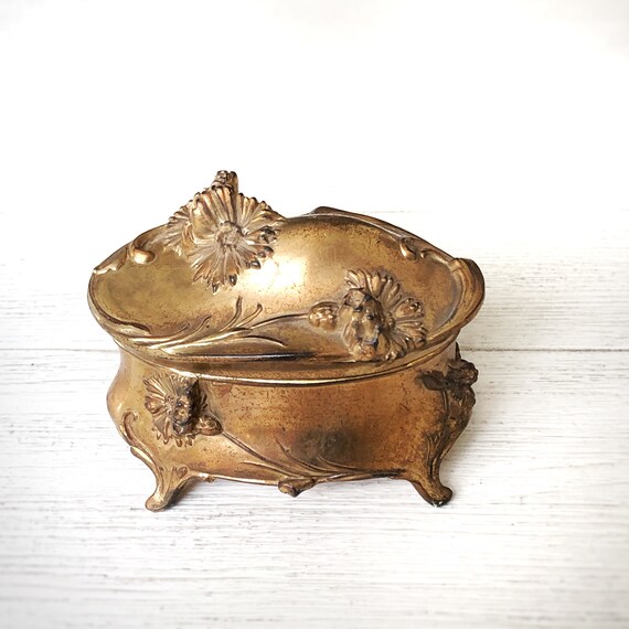 Vintage Brass Jewelry Trinket Vanity Boudoir Box Ornate Gold Art Nouveau Textured Red Velour Lining