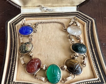 Vintage Scarab Bracelet 12kGF Carved Gemstones Retro Egyptian Revival