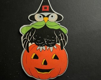 Decoración efímera de Halloween vintage troquelada con forma de búho de Jack-O-Lantern