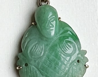 14k Gold Jade Laughing Buddha Pendant