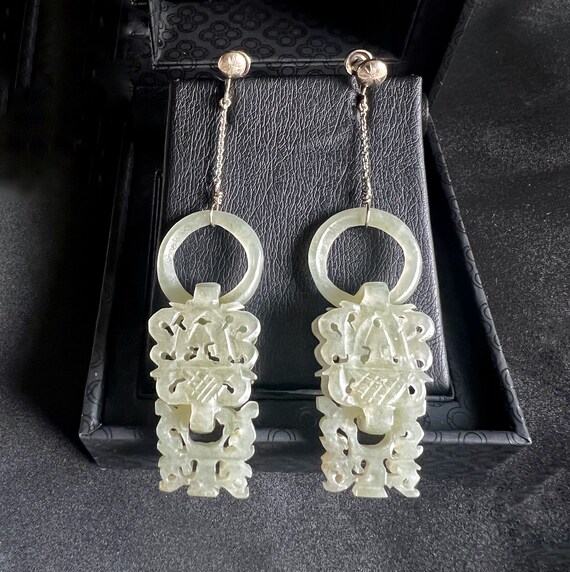 14K Celadon Jade Earrings Antique Chinese Qing Dy… - image 9