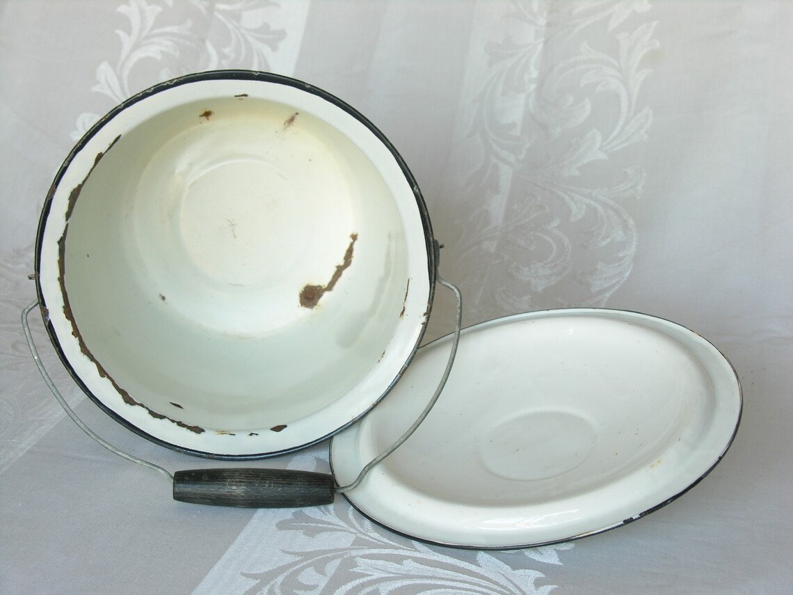 White Enamelware Chamber Pot Bucket Lid Wooden Handle Enamel Etsy