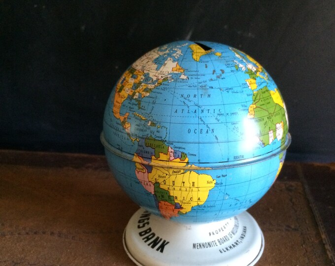Ohio Art Globe Bank Tin Toy Bank Litho Metal Mennonite Mission Etsy