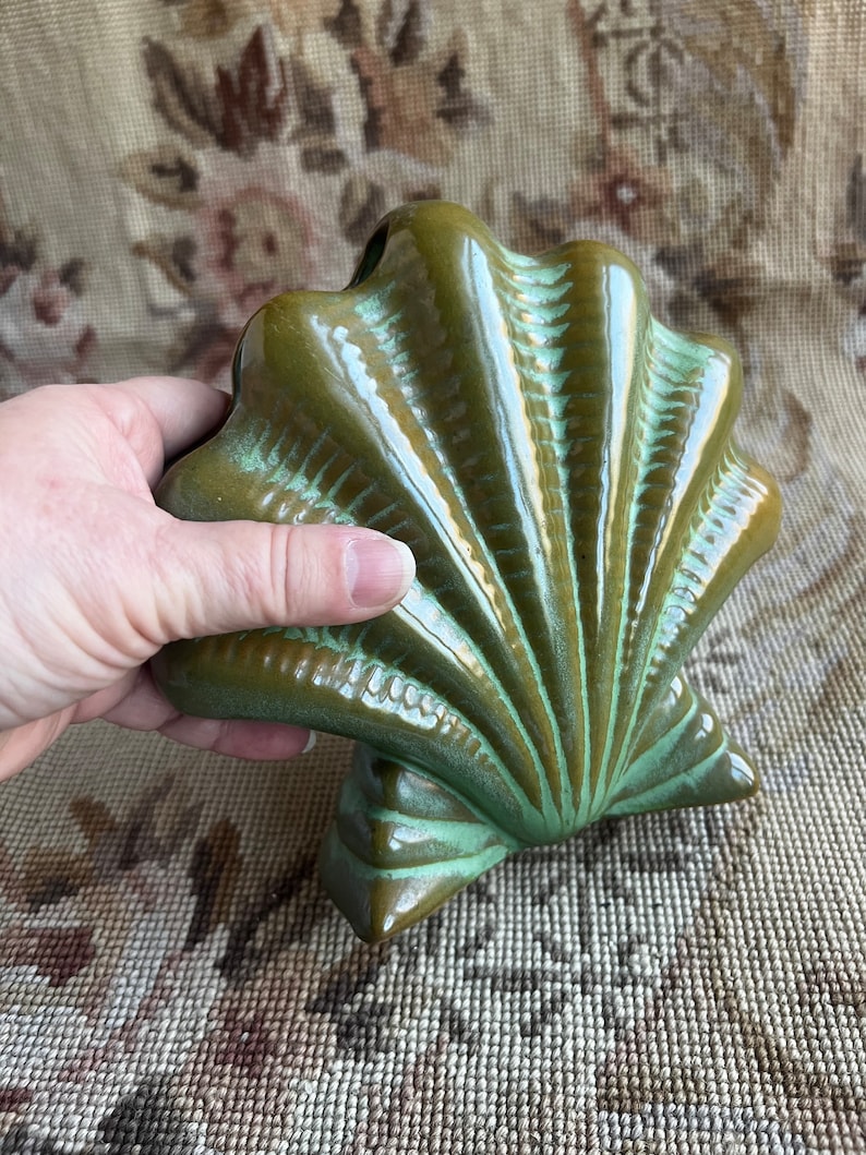 Vintage Frankoma Plainsman Prairie Green Clam Shell Vase image 8